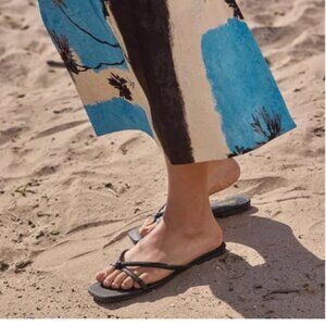 Pazzion Black Square Open Toe Flats Sandals Slip On Backless Flip Flops Shoes